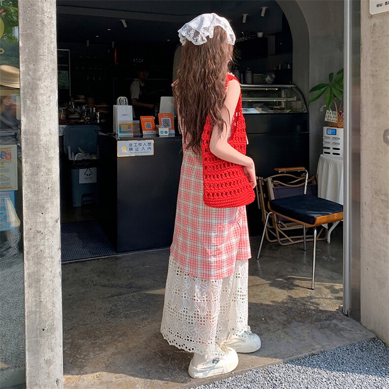 森系田园风红色格纹连衣裙女2025夏季新款超火蕾丝拼接漂亮吊带裙,商品下架区,网红馆