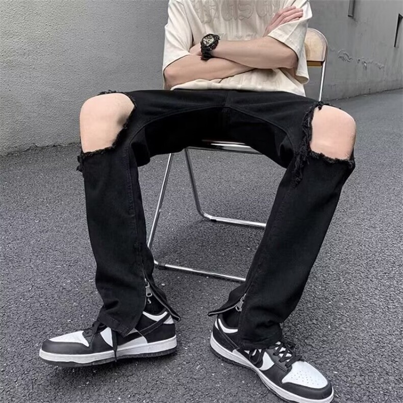 欧美高街vibe裤子美式街头纯黑色牛仔裤男破洞膝盖小众Z722P37,男装牛仔裤,星座1112-1