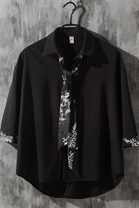 1情侣领带款M-5XL大码潮流休闲短袖衬衫男七分袖衬衣7874P45控68图片