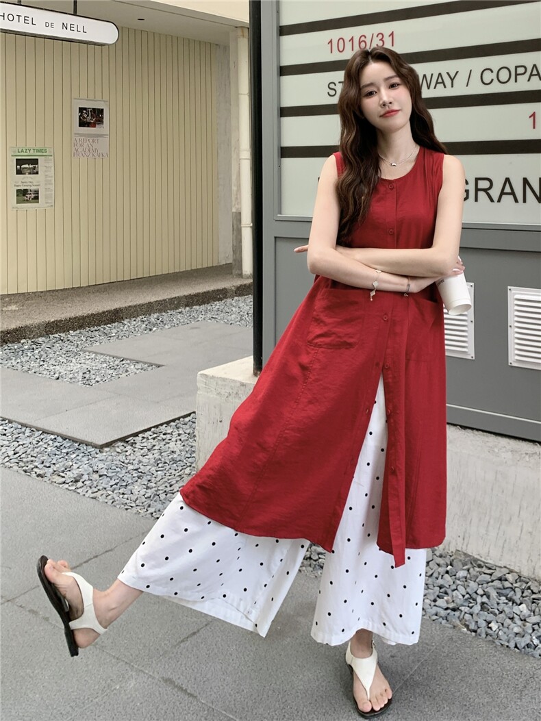 红色无袖衬衫叠穿连衣裙女夏波点阔腿裤两件套装裙巨好看超火爆款,女装套装/套裙,蝶眷