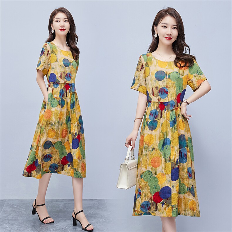 连衣裙2022年夏季潮流舒适简约时尚中长款圆领碎花,女装连衣裙,贵人树