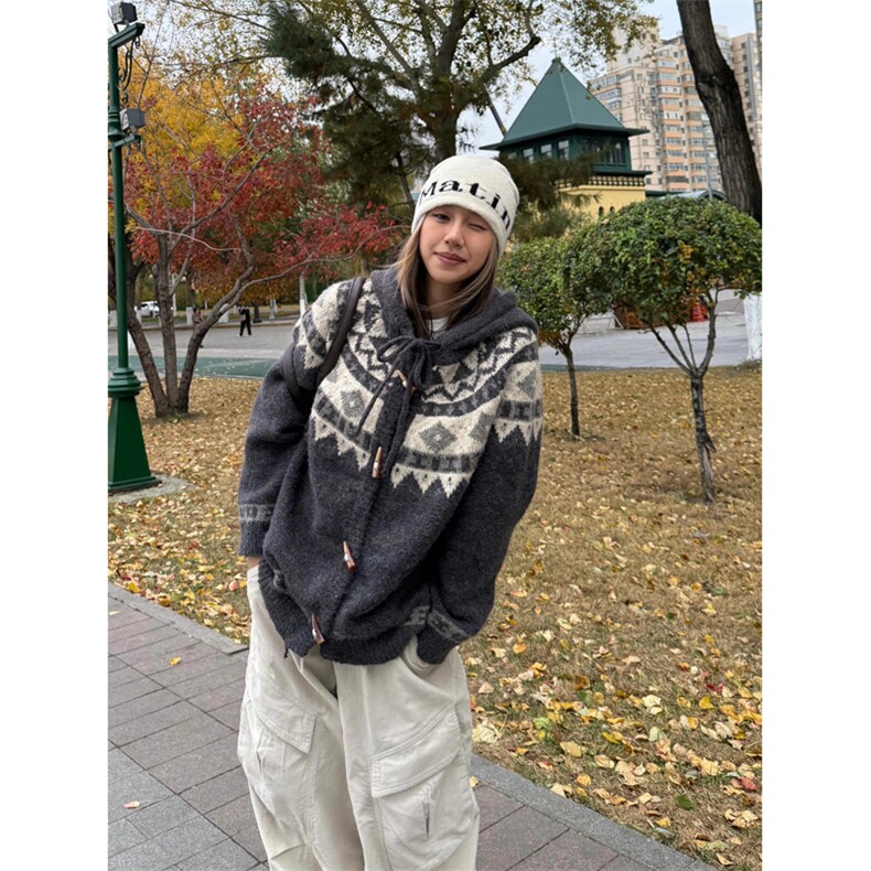 网图有货 美式费尔岛牛角扣连帽毛衣开衫针织外套男女 A1036-P58图片