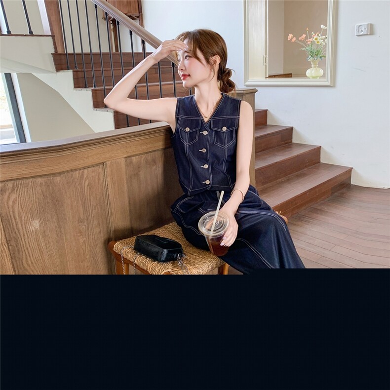 深蓝色牛仔马甲时尚套装女2026夏季新款韩版宽松休闲阔腿裤两件套,女装套装/套裙,印象茜