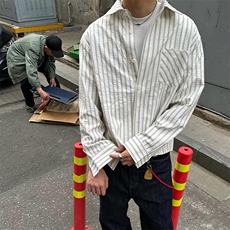 美式潮牌高街复古泡泡纱竖条纹日系肌理长袖衬衫男女休闲宽松衬衣，男装衬衫，电商A486