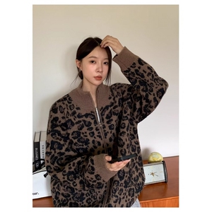 美式复古豹纹立领拉链开衫外套女常规潮长袖休闲半高领SWA242图片
