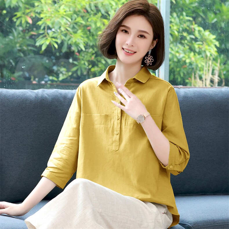 棉麻衬衫女短袖韩版显瘦大码前短后长遮肚子衬衣夏季亚麻上衣女,女装衬衫,希欧阁