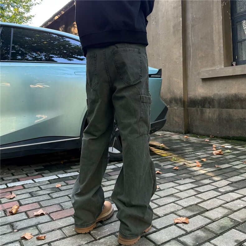高街美式复古水洗做旧多口袋宽松直筒阔腿设计垂感工装休闲裤子男,男装工装外套,星座506A
