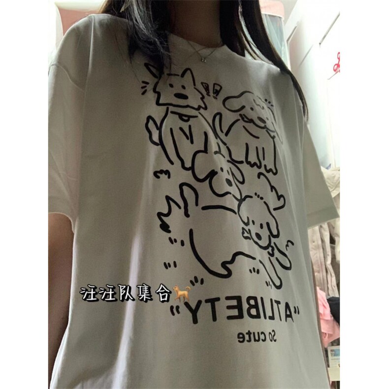 T537-P25学生初高中简约线条狗印花短袖纯棉宽松T恤,男装T恤,星座617A-2