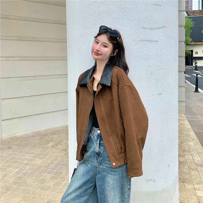 美拉德麂皮绒外套女宽松2025秋新款甜酷风小个子百搭短款夹克上衣,女装短外套,2C126