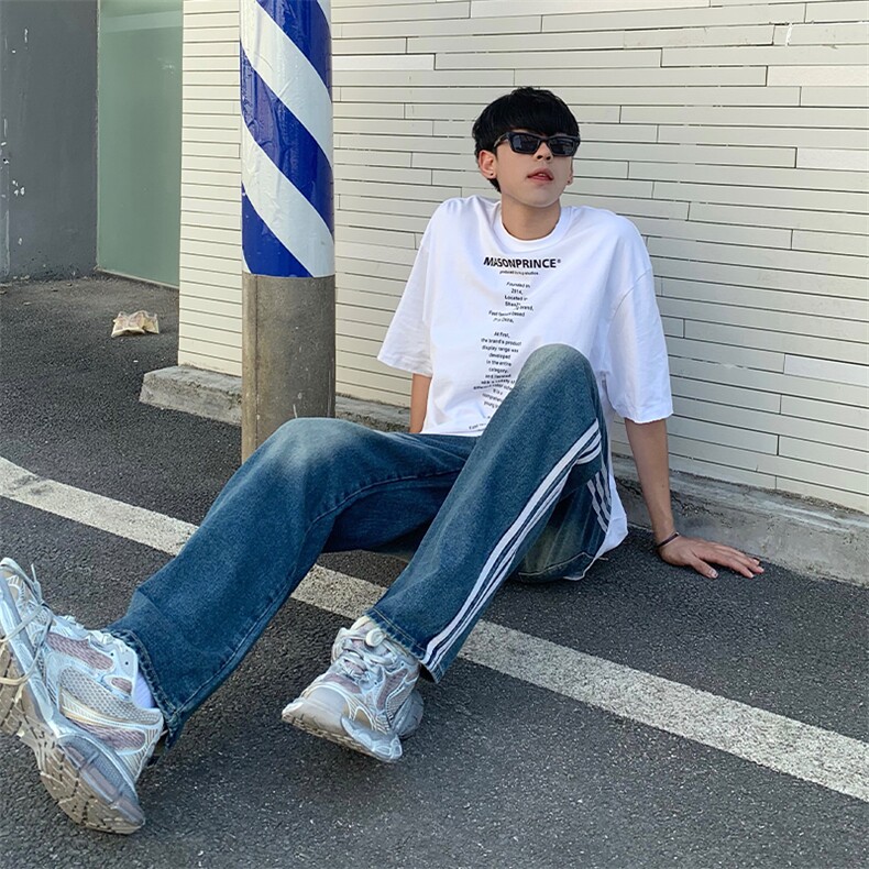 做旧蓝侧边条纹水洗休闲破边vibe牛仔裤ins直筒男女长裤-B99-p58,男装牛仔裤,星座601-2