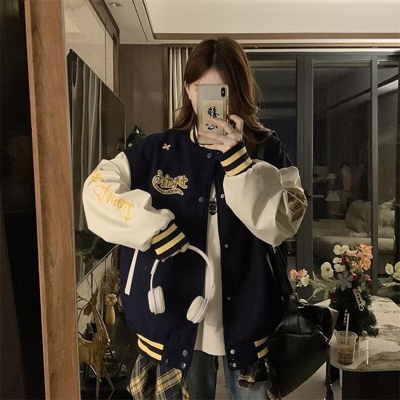 A538-P88秋季港风上衣加厚皮袖双层内里棒球服学院风男女同款,女装职业装,星座911