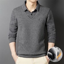 衬衫领毛衣男宽松潮流加绒假两件针织衫男士秋冬装上衣DDD168-P85，男装针织衫/毛衣，电商B212（原钱塘6029）