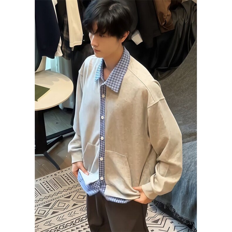 格纹假两件开衫卫衣男秋季学院风外套宽松衬衫领上衣W817,男装衬衫,星座1116A（原606A-3）