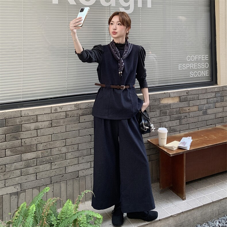 美拉德复古马甲套装女2025秋季新款轻熟御姐风打底衫阔腿裤三件套,女装套装/套裙,2C159
