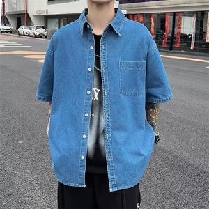 港风复古牛仔衬衫夏季潮牌短袖衬衣宽松休闲工装外套 C917-P45图片