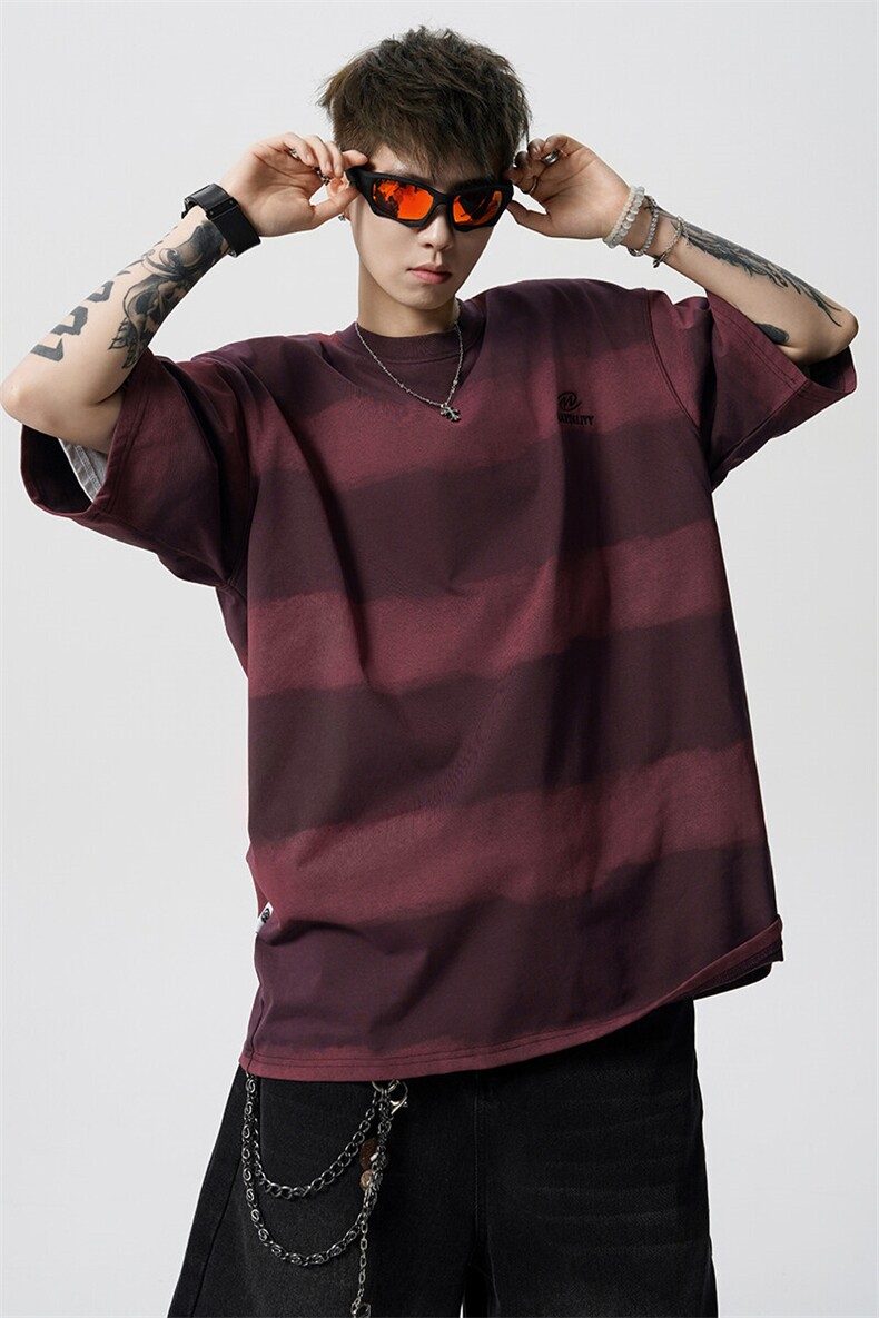 8XL-M高品质纯棉扎染条纹短袖T恤男宽松美式复古半袖情侣DX339,男装T恤,电商D206-1