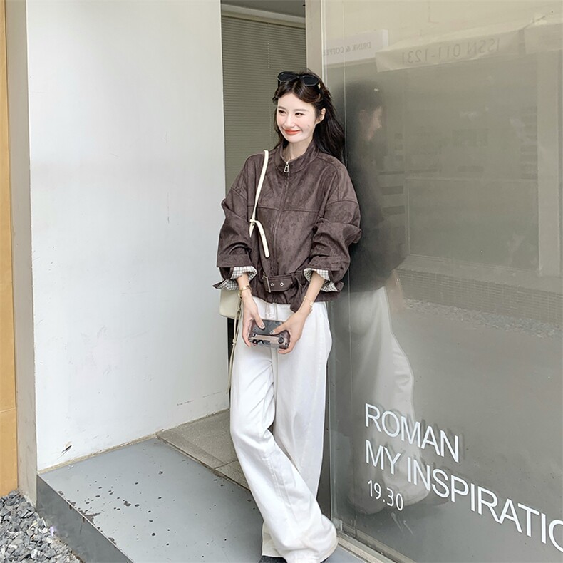 咖色麂皮绒韩系慵懒松弛感短外套女秋季2025新款又酷又飒炸街夹克,女装短外套,浙宝276（原081）