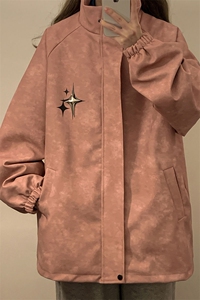 中性风PU皮复古做旧可拆卸四芒星胸针大码M-5XL夹克男JK77757P90图片