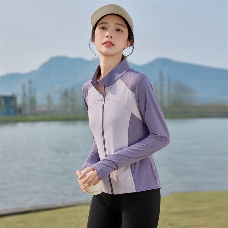 夏季冰丝透气户外防晒衣女2025新款时尚拼色修身瑜伽防晒服薄外套,女装防晒衣,悦祺