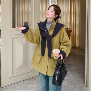 复古拼接连帽中长款外套女2025年秋冬季新款韩系休闲保暖毛呢上衣图片