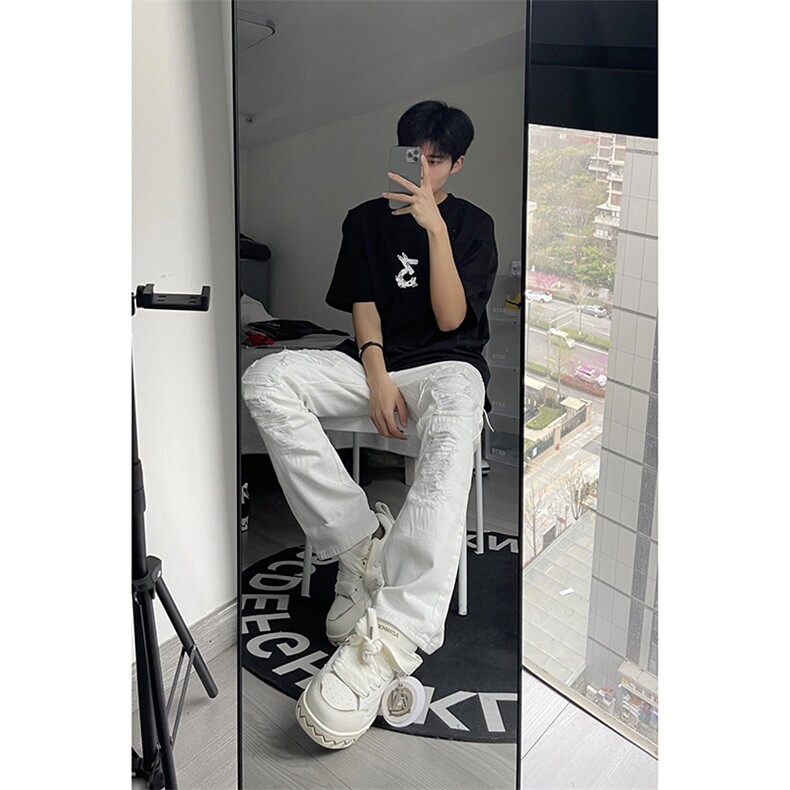 B221美式ins高街小众重工艺假破洞小脚牛仔裤LK23019-P60控78,男装牛仔裤,电商B221