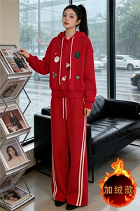 巨好看休闲时尚套装女秋冬季新款卡通印花连帽卫衣直筒长裤两件套图片
