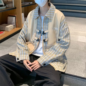潮牌春秋款撞色格子外套男韩版潮流帅气机能假两件夹克W3037-P55图片