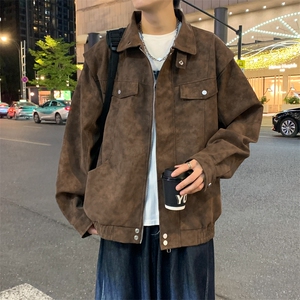 得物二开 男美式复古仿麂皮PU皮夹克翻领简约宽松外套JK1240-P98图片