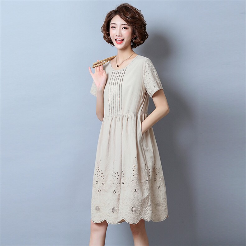 2021年夏季圆领纯色宽松腰时尚印花短袖简约百搭淑女中长款，女装连衣裙，独衣靓