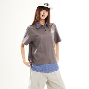 假两件POLO衫短袖T恤男女同款百搭拼接翻领休闲宽松上衣YD284-P45图片