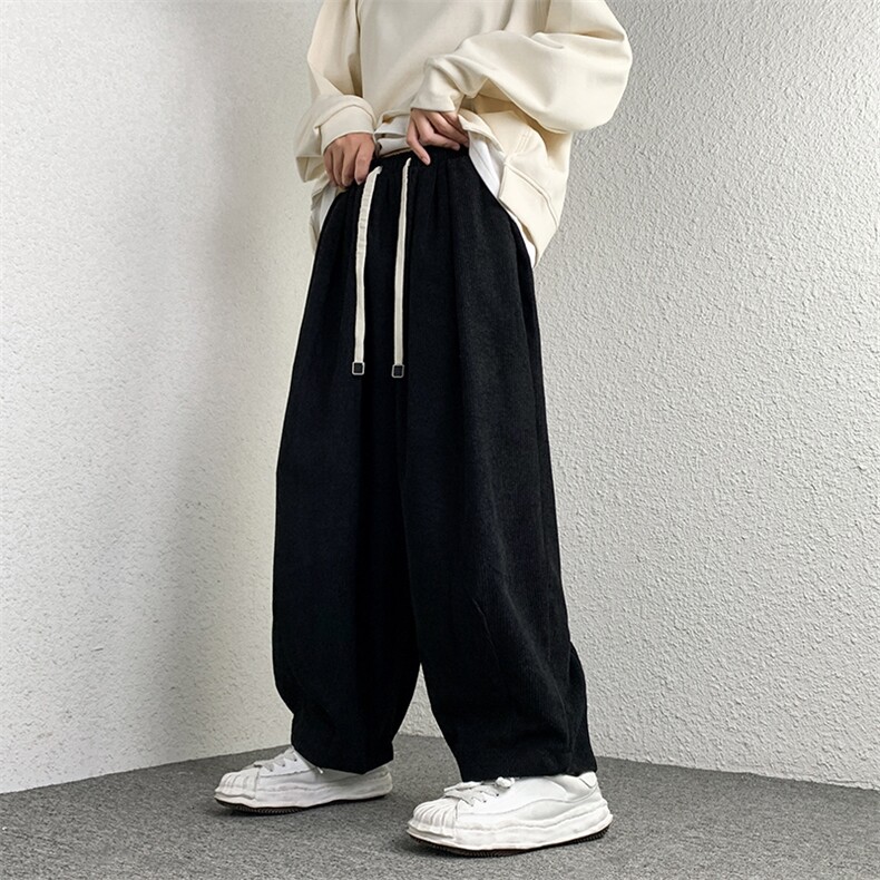 深蓝色灯芯绒裤子男秋冬季日系复古直筒阔腿裤纯色宽松休闲长裤子，男装休闲裤，钱塘713