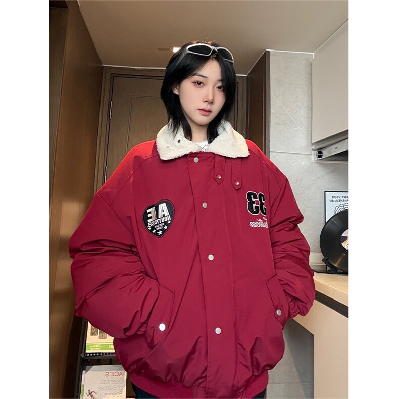 港风美式全刺绣带毛翻领酒红保暖棉服男女XZ213-MF06-P148控168,男装夹克,星座213