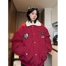 港风美式全刺绣带毛翻领酒红保暖棉服男女XZ213-MF06-P148控168，男装夹克，星座213