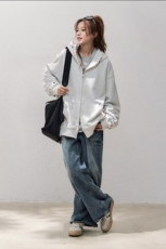 韩版宽松休闲连帽加绒卫衣外套女秋冬重磅痞帅简约纯色双拉链开衫，女装短外套，星座218-8
