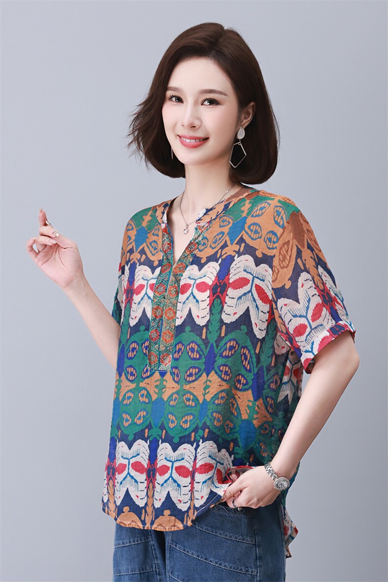 时尚宽松印花镶钻短袖上衣舒适百搭显瘦女装衬衫,女装衬衫,叶笙衣