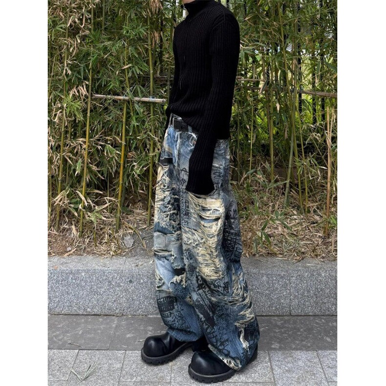 CP1162-P56风格破洞撕裂错视觉3D印花牛仔裤男女款宽松休闲牛仔,男装牛仔裤,电商B323A