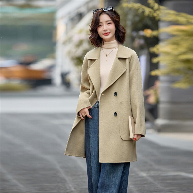 轻熟风时尚中长款毛呢大衣女2025秋冬新款宽松显瘦气质绵羊毛外套,女装双面呢大衣,欧米莱