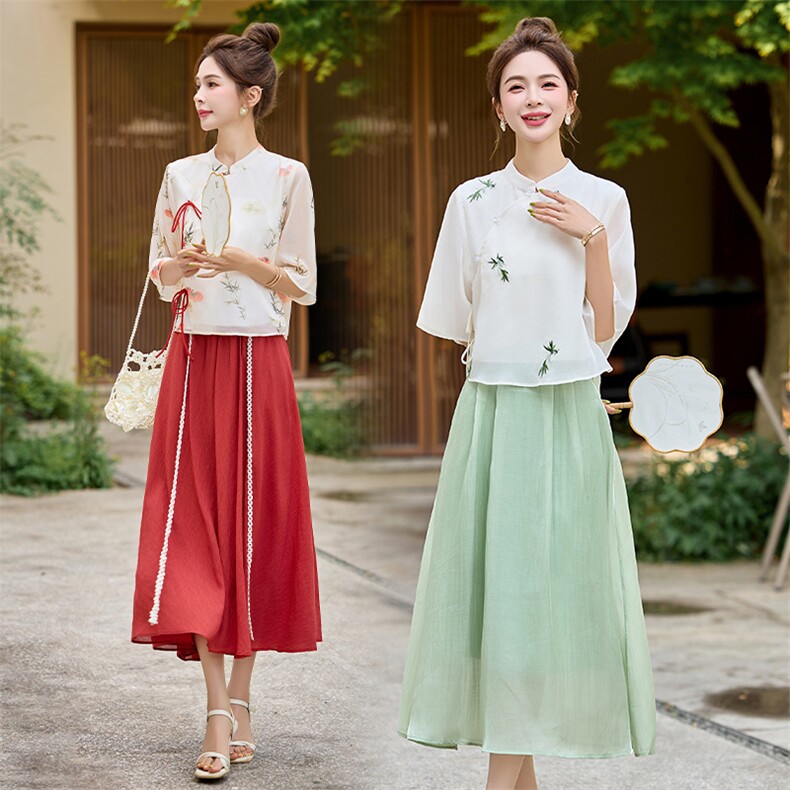 风复古两件套装2025夏季新款女衬衫欧根纱薄外套褶皱吊带连衣裙，女装套装/套裙，贵人树