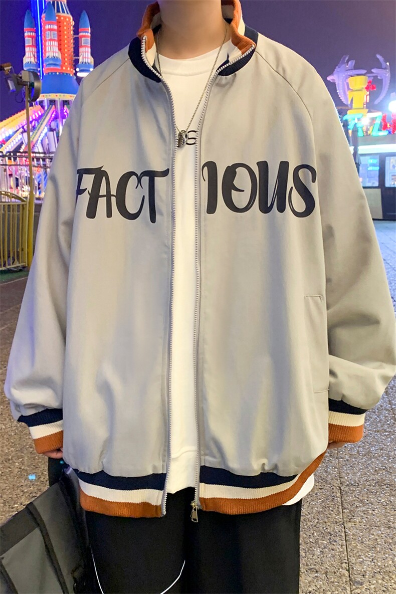 J605P30港风外景秋季加大码字母印花三色领立领学生外套新款,男装夹克,电商A026-1