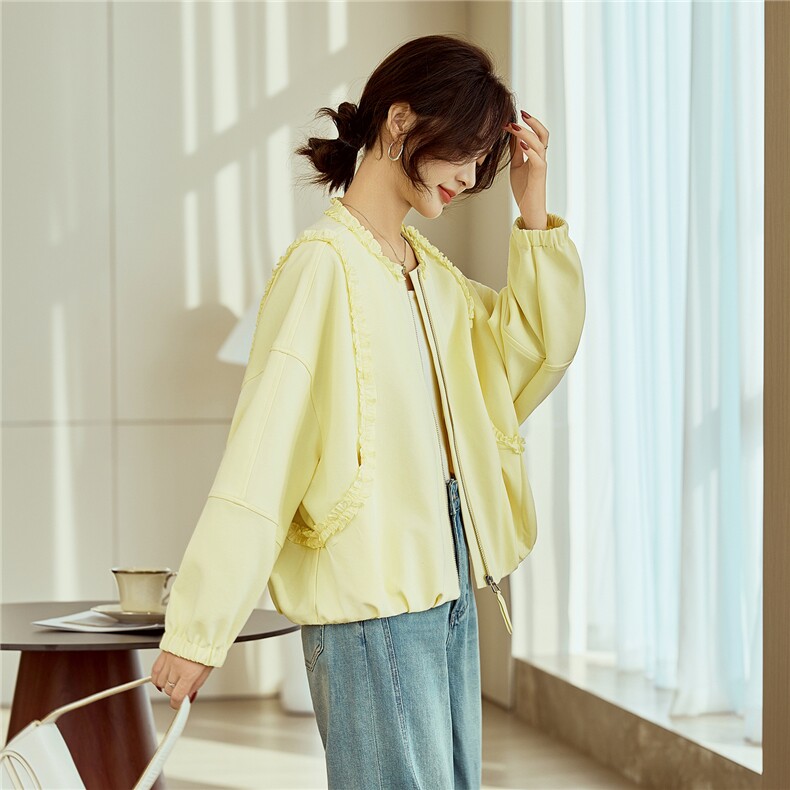 黄色小众设计木耳边圆领短外套女2026早春新款宽松休闲百搭夹克,女装短外套,梦懿尔