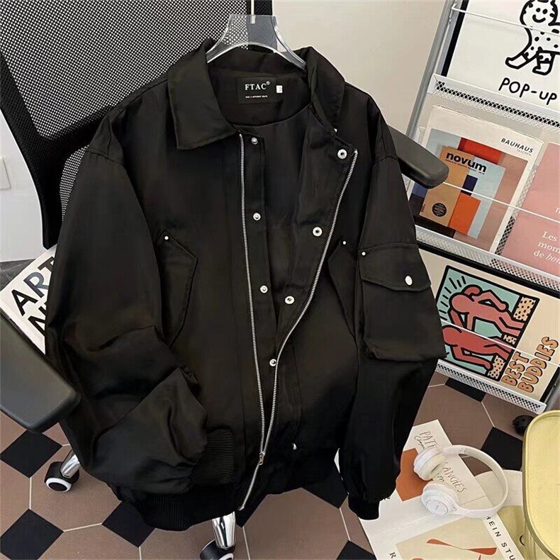 美式翻领夹克男女休闲潮牌情侣设计感黑色棒球服飞行员外套YT200,男装夹克,星座601-1