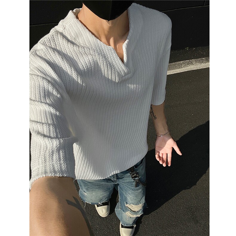 主推慵懒风肌理感小v领短袖T恤提花宽松情侣上衣H1069特P28,男装T恤,电商A341