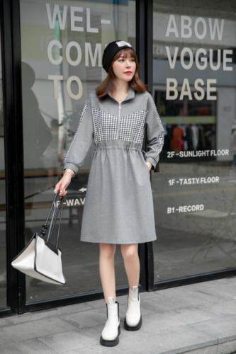 秋装新款上市：罗马针织拼接千鸟格休闲连衣裙M一XXL，女装连衣裙，拉思维加丝