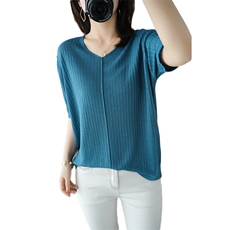 V领纯棉针织衫短袖T恤女2023夏季薄款棉麻打底衫时尚体恤上衣半袖，女装T恤，斯尔特羊绒