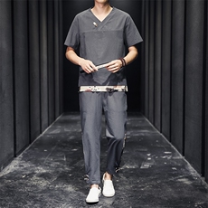 2026夏季风棉麻亚麻短袖T恤唐装大码男士盘扣套装H518-P50，男装休闲套装，星座1105-3