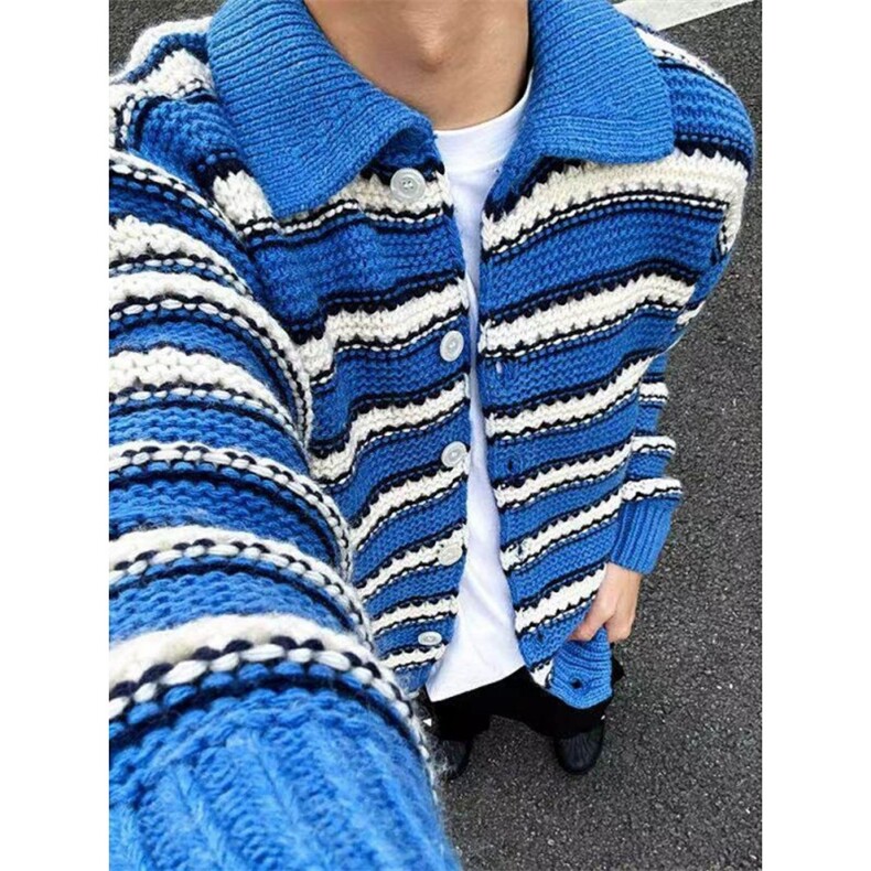 2025美式复古翻领条纹开衫毛衣男宽松休闲慵懒风撞色针织衫，男装针织衫/毛衣，星座506A