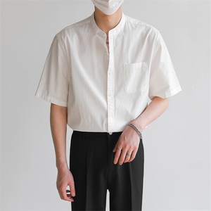 夏季冰丝凉感棉麻轻奢风亨利领短衬衫潮男暗纹韩系免烫痞帅短衬衫图片