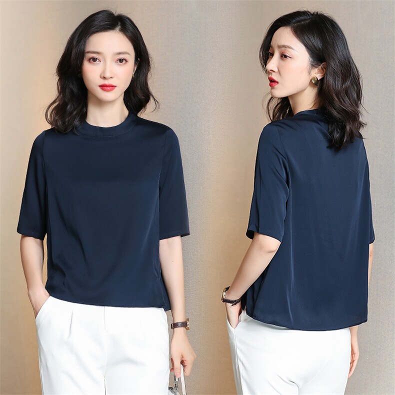 2023新款上衣圆领通勤纯色套头气质时尚桑蚕丝女衣年轻真丝衬衫女，女装衬衫，阿舍尔精品