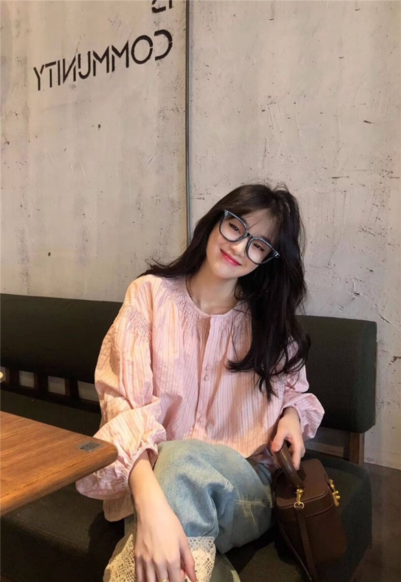 春夏2025新款超宽松褶皱领口粉色条纹灯笼袖衬衫,女装衬衫,湘姗