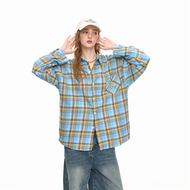 美式潮牌口袋刺绣格子衬衫男女春秋新款情侣款宽松外套,男装衬衫,星座410-6（原星座1304-1）